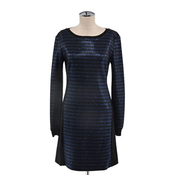 TRINA TURK‎ Dress Womens Sz 6 Metallic Black Blue Stripe Scoop Neck Mini Sweater - Picture 1 of 13
